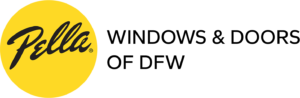 Pella Windows & Doors of DFW logo featuring the Pella name in script inside a yellow circle next to the text "Windows & Doors of DFW" in black.