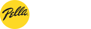 Pella logo with yellow circle and black script text, followed by "WINDOWS & DOORS OF DFW" in white capital letters on a light gray background.