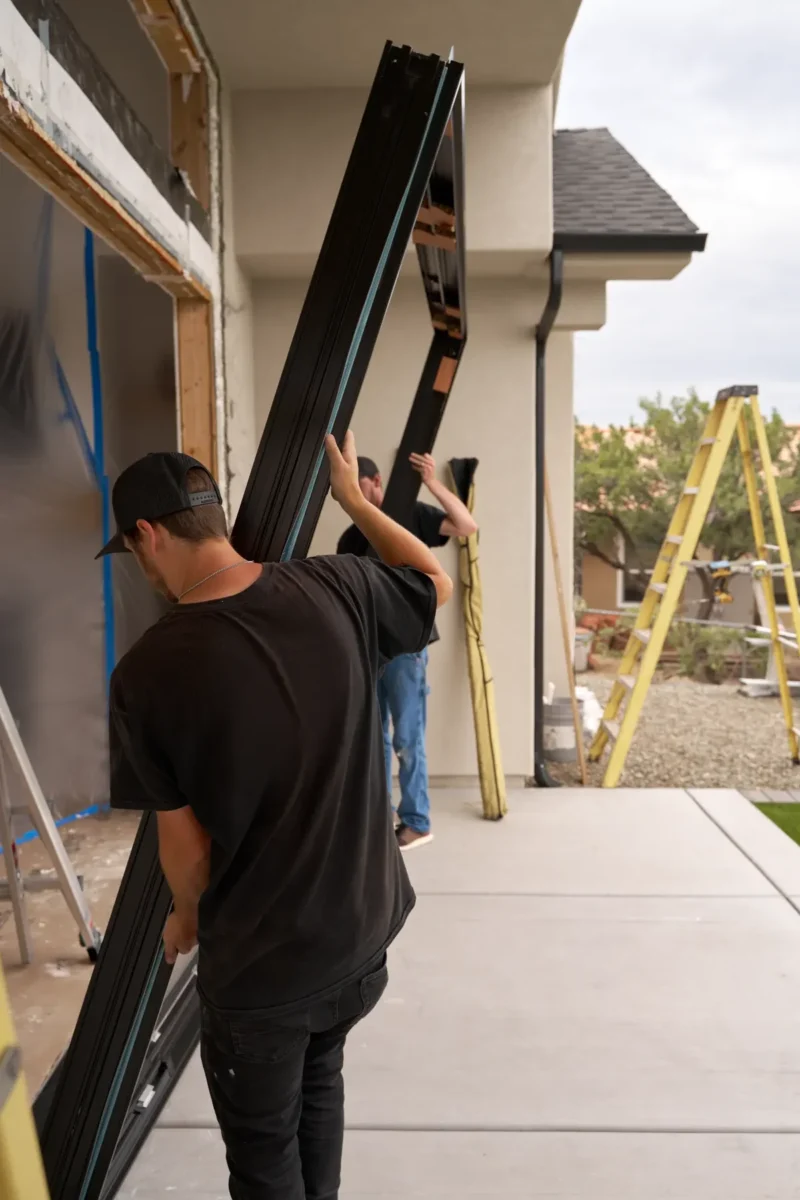 Two workers are carrying a large metal frame toward a house under construction, with ladders and building materials visible nearby.