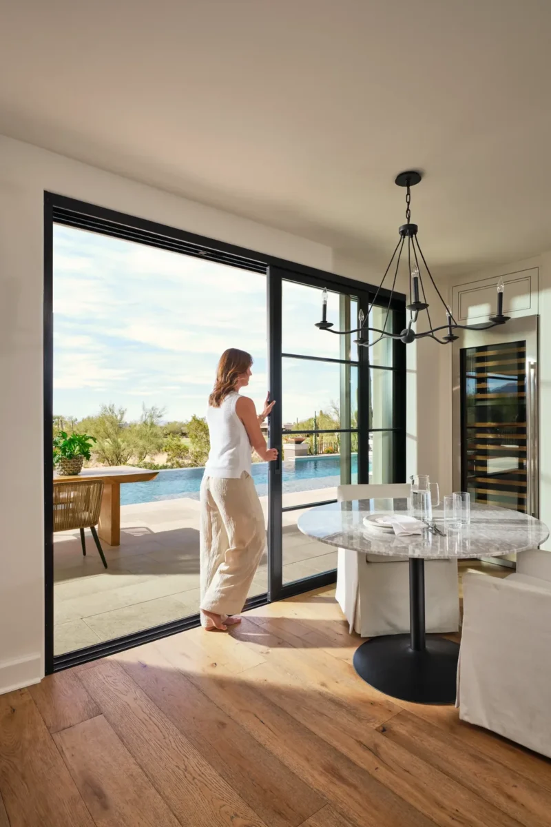 big black framed sliding glass door