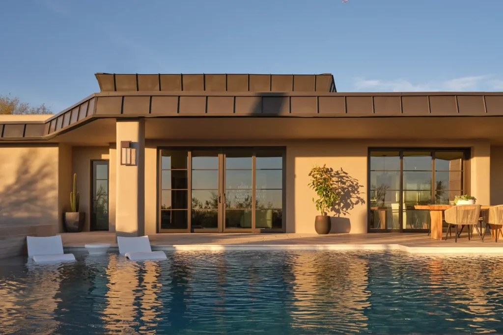 Modern house exterior with large windows, pool in the foreground, two poolside lounge chairs, and an outdoor dining area with chairs and a potted plant.