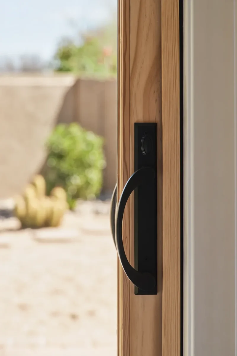 Close-up of a black handle on a sliding glass door, partially open, with a view of a sandy yard and plants outside.