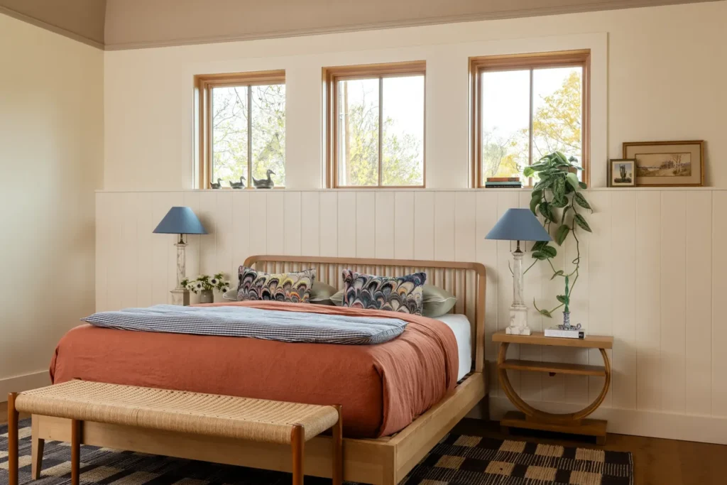 A neatly made bed with rust-colored bedding and patterned pillows sits against a white paneled wall with three windows above. There are two blue lamps, a bench, and a plant in the room.