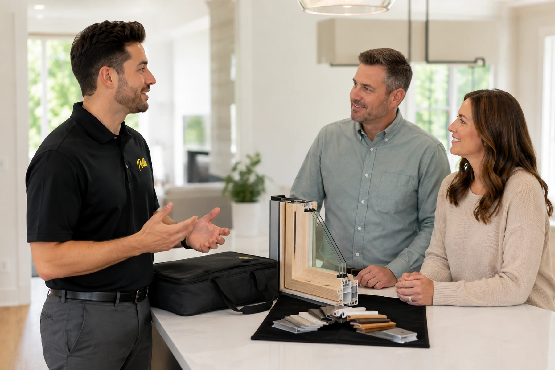 A man explains window frame samples to a man and woman at a kitchen counter, with product samples and a bag on the counter.