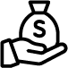 Black and white icon of a hand holding a money bag with a dollar sign on it.