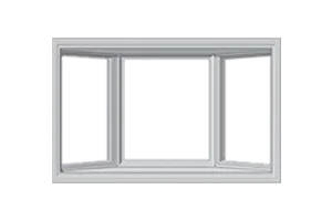 A white-framed bay window with three panels; the center panel is flat, and the two side panels are angled inward.