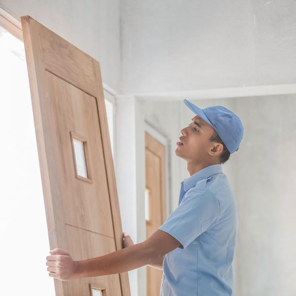 A person in a blue uniform and cap installs a wooden door inside a bright, unfinished room.