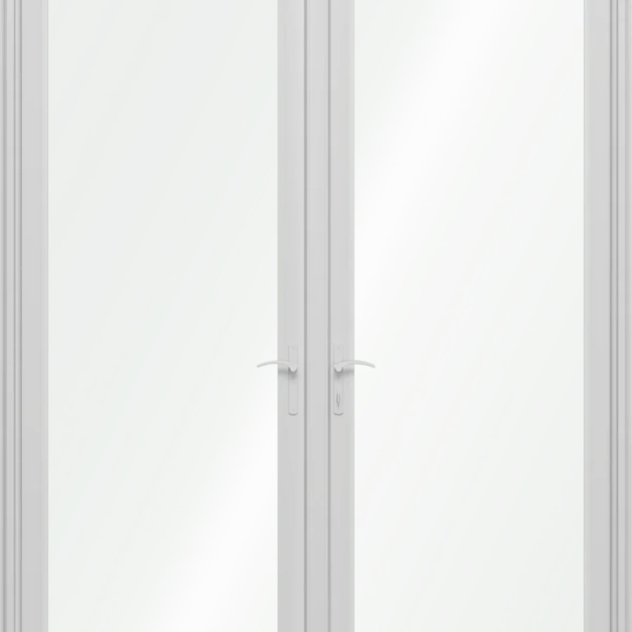White double glass doors with two handles, set in a white frame against a plain background. The glass is clear and reflects light.