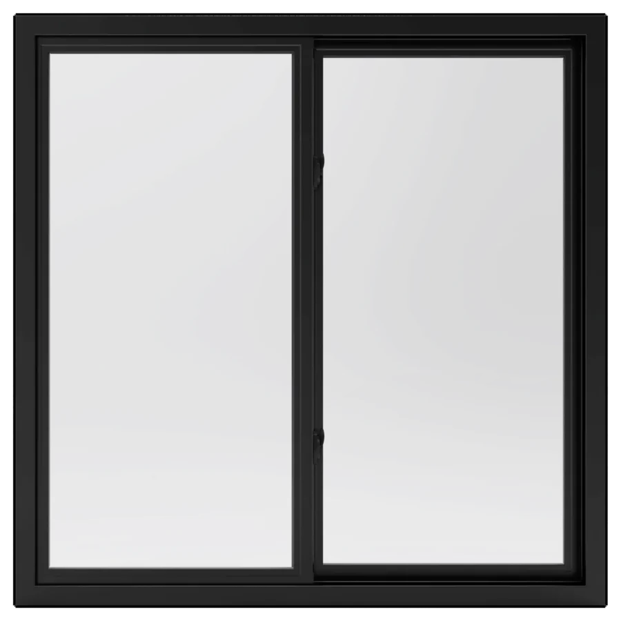 A black-framed sliding glass window with two large clear panes, one fixed on the left and one movable on the right.