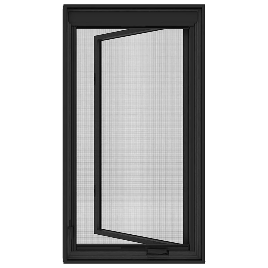 A black-framed casement window is partially open outward with a mesh screen visible behind the glass.
