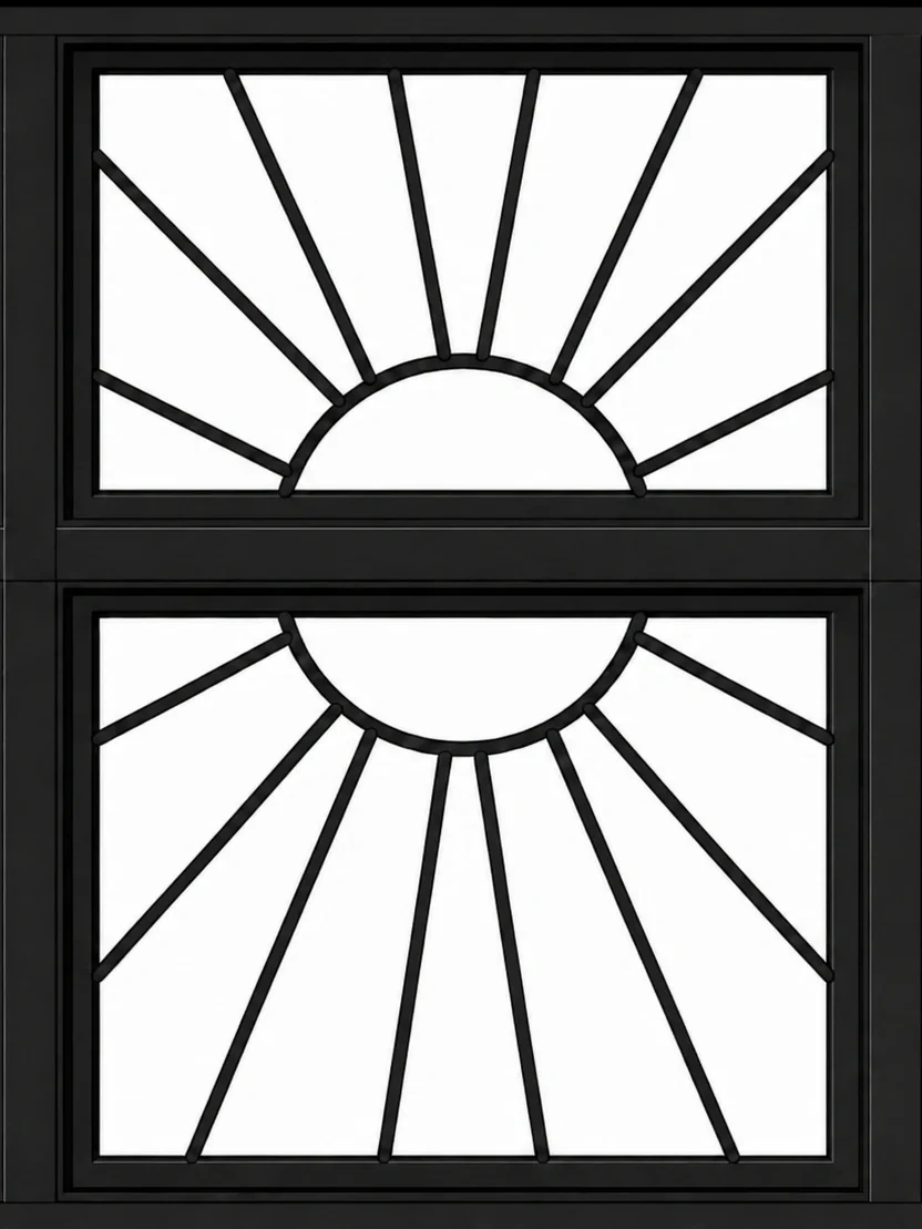 Black-framed custom window design featuring a sunburst pattern